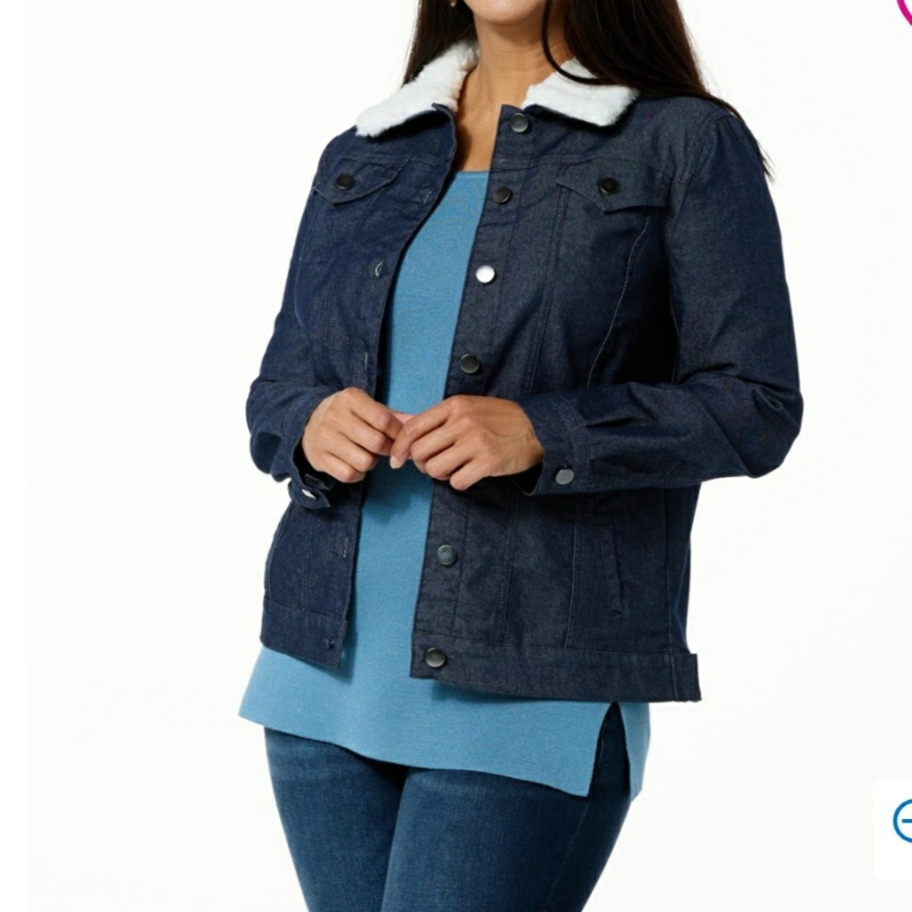 Nina Leonard Faux Sherpa Collar Blue Twill Jean Jacket. Size Small. NWOT